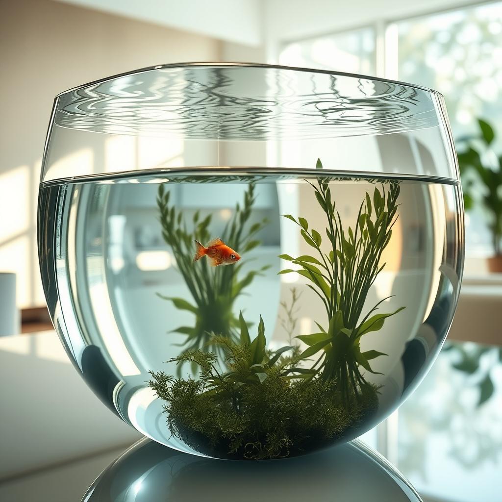 An imaginative and surreal mirror designed as a transparent water tank, reflecting its surroundings