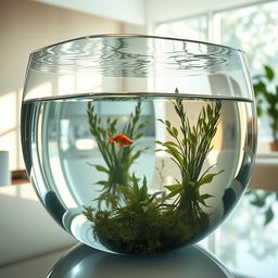 An imaginative and surreal mirror designed as a transparent water tank, reflecting its surroundings