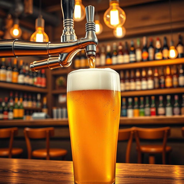 A detailed and vibrant scene featuring a beer tap pouring a golden, frothy beer into a large glass