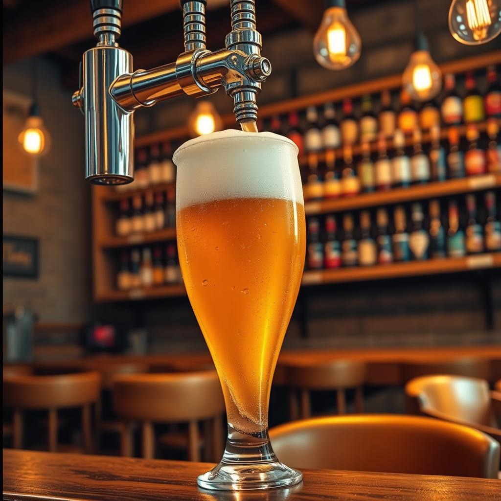 A detailed and vibrant scene featuring a beer tap pouring a golden, frothy beer into a large glass