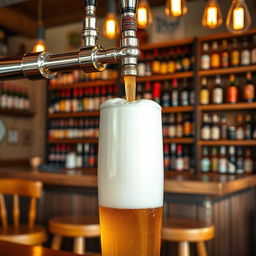 A detailed and vibrant scene featuring a beer tap pouring a golden, frothy beer into a large glass