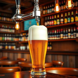 A detailed and vibrant scene featuring a beer tap pouring a golden, frothy beer into a large glass