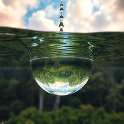 A surrealistic image of a mirror made entirely of water, suspended in mid-air