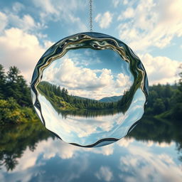 A surrealistic image of a mirror made entirely of water, suspended in mid-air