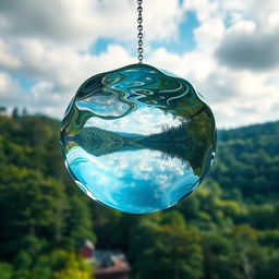 A surrealistic image of a mirror made entirely of water, suspended in mid-air