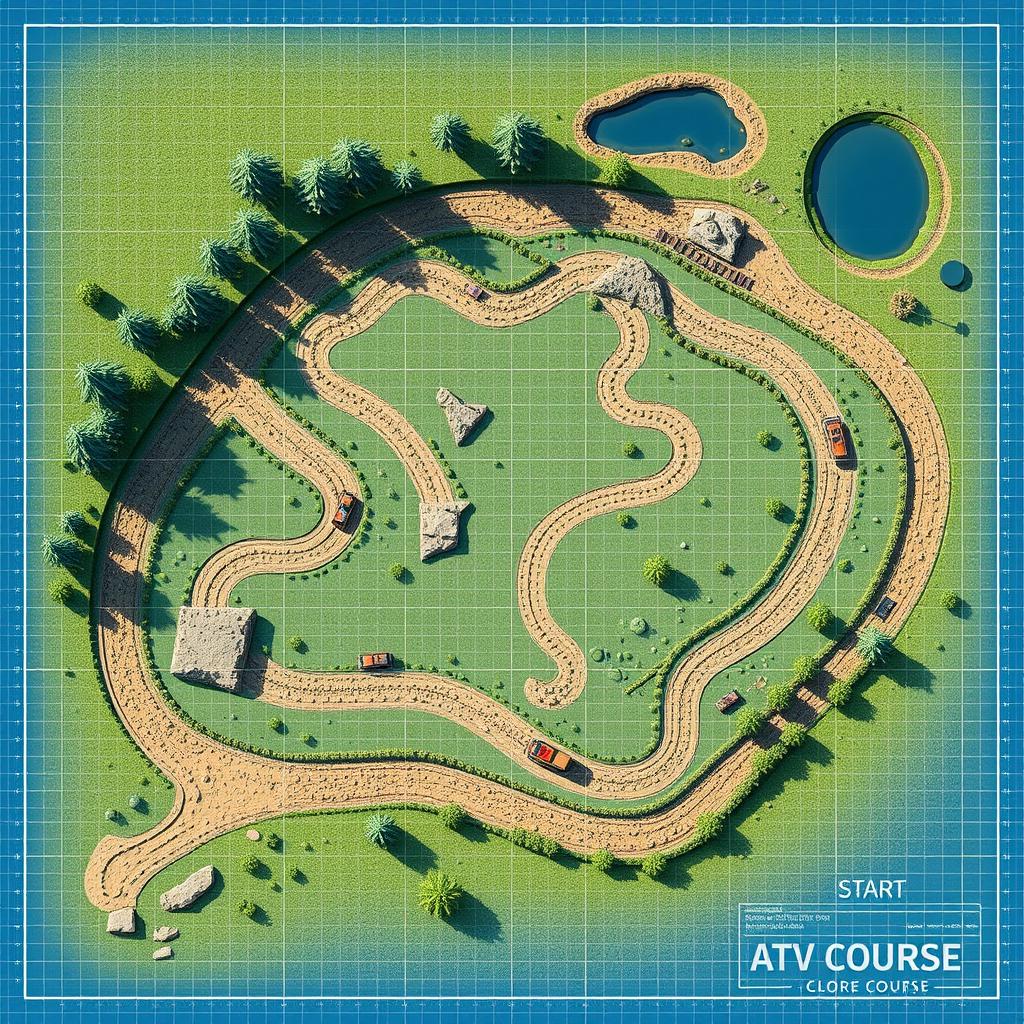 A detailed blueprint style image of an ATV course layout in a natural setting