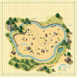 A detailed blueprint style image of an ATV course layout in a natural setting