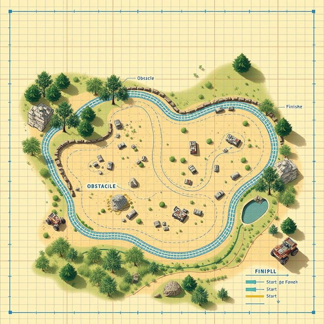 A detailed blueprint style image of an ATV course layout in a natural setting