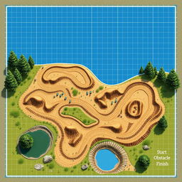 A detailed blueprint style image of an ATV course layout in a natural setting