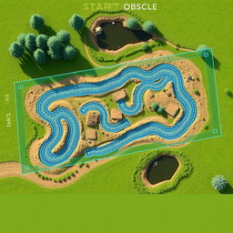 A detailed blueprint style image of an ATV course layout in a natural setting