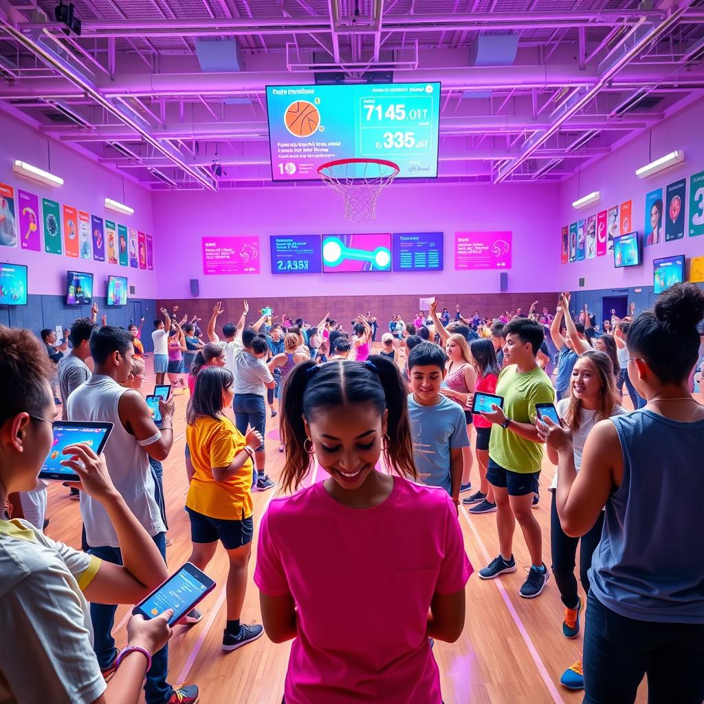 A vibrant and energetic scene depicting the integration of technology in physical education classes, showcasing students actively participating in various sports and activities