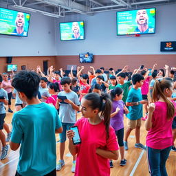 A vibrant and energetic scene depicting the integration of technology in physical education classes, showcasing students actively participating in various sports and activities