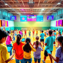 A vibrant and energetic scene depicting the integration of technology in physical education classes, showcasing students actively participating in various sports and activities