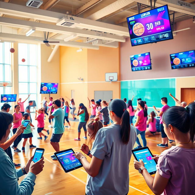 A vibrant and energetic scene depicting the integration of technology in physical education classes, showcasing students actively participating in various sports and activities