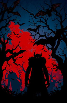 A chilling nighttime scene filled with scary shadows of monsters and twisted trees against a dramatic blue and red theme