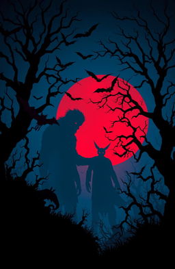 A chilling nighttime scene filled with scary shadows of monsters and twisted trees against a dramatic blue and red theme