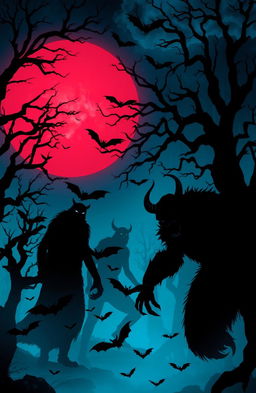 A chilling nighttime scene filled with scary shadows of monsters and twisted trees against a dramatic blue and red theme