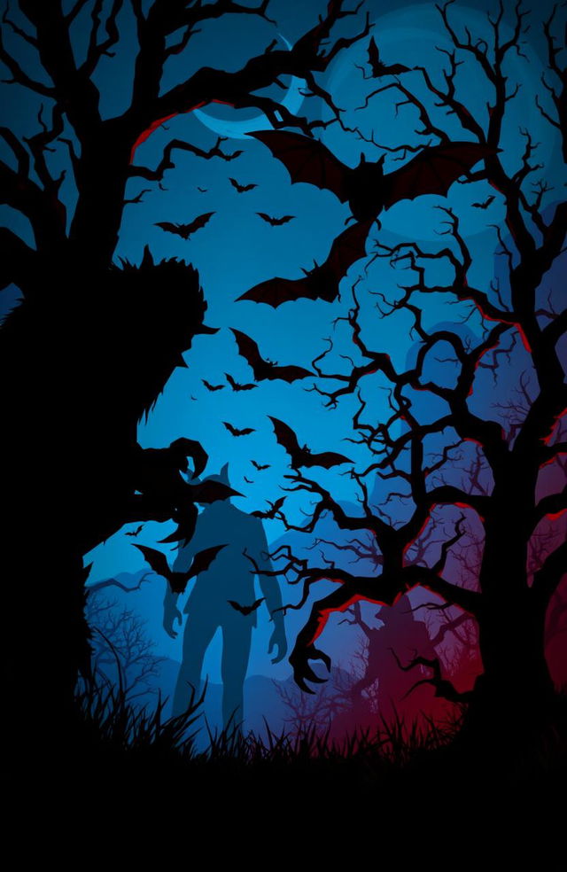 A chilling nighttime scene filled with scary shadows of monsters and twisted trees against a dramatic blue and red theme