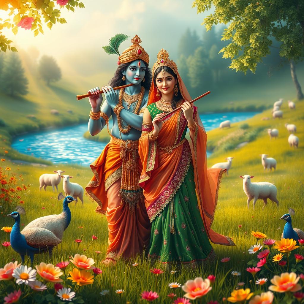 A serene and divine representation of Radha and Krishna, portrayed in a lush, vibrant landscape filled with blooming flowers and lush greenery