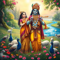 A serene and divine representation of Radha and Krishna, portrayed in a lush, vibrant landscape filled with blooming flowers and lush greenery