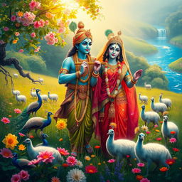 A serene and divine representation of Radha and Krishna, portrayed in a lush, vibrant landscape filled with blooming flowers and lush greenery