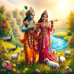 A serene and divine representation of Radha and Krishna, portrayed in a lush, vibrant landscape filled with blooming flowers and lush greenery