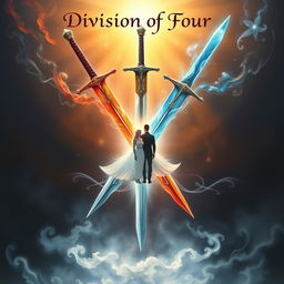 An enchanting illustration depicting four majestic swords converging at the center, each representing a distinct element: fire, water, earth, and air