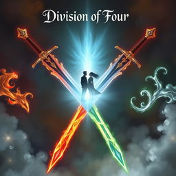 An enchanting illustration depicting four majestic swords converging at the center, each representing a distinct element: fire, water, earth, and air