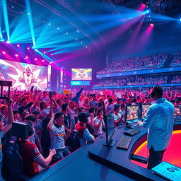 A dynamic scene depicting an exciting esports tournament with a vibrant crowd