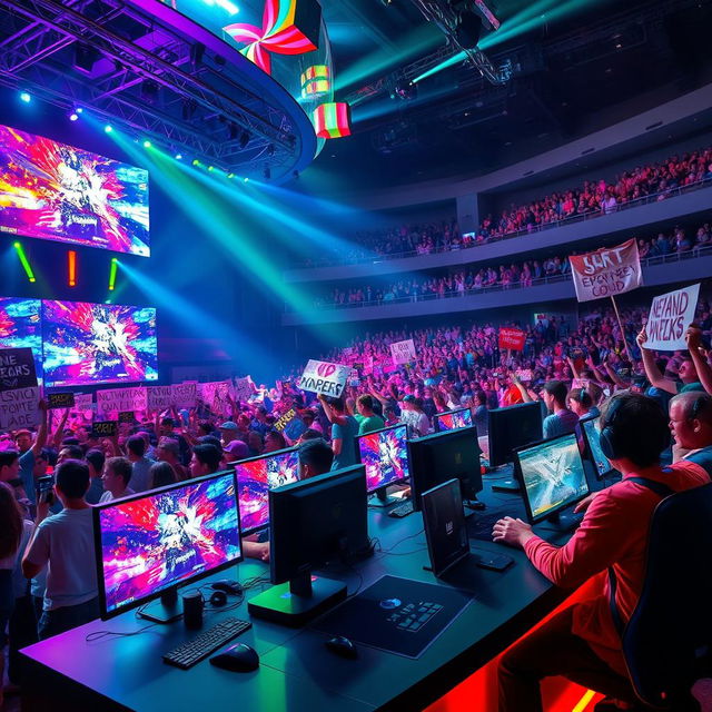 A dynamic scene depicting an exciting esports tournament with a vibrant crowd