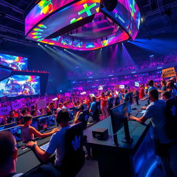 A dynamic scene depicting an exciting esports tournament with a vibrant crowd