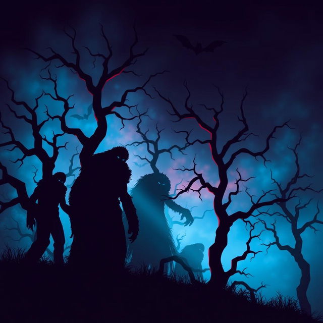 A haunting scene featuring ominous shadows of monsters lurking among twisted trees, illuminated by a striking blue and red color scheme