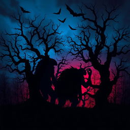 A haunting scene featuring ominous shadows of monsters lurking among twisted trees, illuminated by a striking blue and red color scheme