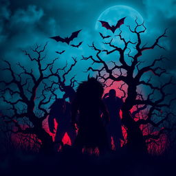 A haunting scene featuring ominous shadows of monsters lurking among twisted trees, illuminated by a striking blue and red color scheme