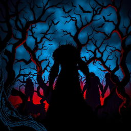 A haunting scene featuring ominous shadows of monsters lurking among twisted trees, illuminated by a striking blue and red color scheme