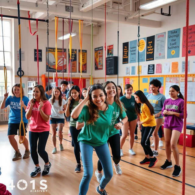 A vibrant and dynamic scene depicting a group of high school students engaged in a creative and fun escape room activity during physical education class