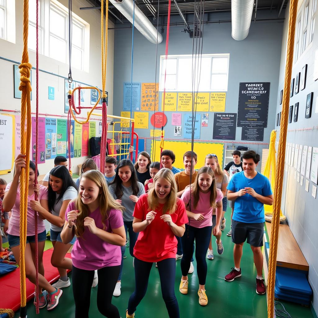 A vibrant and dynamic scene depicting a group of high school students engaged in a creative and fun escape room activity during physical education class