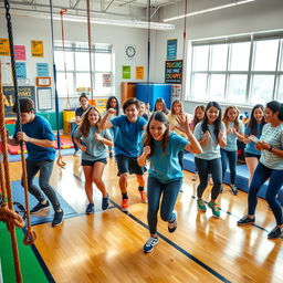 A vibrant and dynamic scene depicting a group of high school students engaged in a creative and fun escape room activity during physical education class