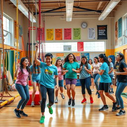 A vibrant and dynamic scene depicting a group of high school students engaged in a creative and fun escape room activity during physical education class