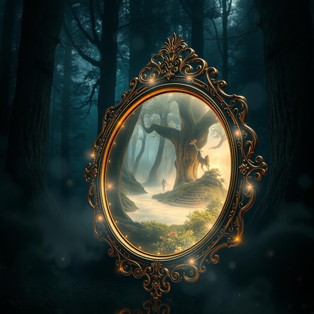 A mystical mirror that reflects an alternate reality, only visible when viewed from a special angle