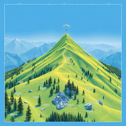 A stunning blueprint-style illustration of a mountainous landscape featuring lush green hills and clear blue skies, designed to depict paragliding activities