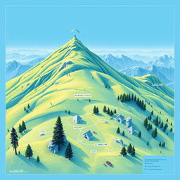 A stunning blueprint-style illustration of a mountainous landscape featuring lush green hills and clear blue skies, designed to depict paragliding activities