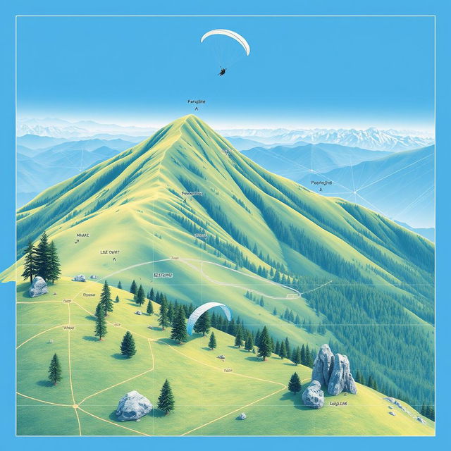 A stunning blueprint-style illustration of a mountainous landscape featuring lush green hills and clear blue skies, designed to depict paragliding activities