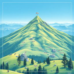 A stunning blueprint-style illustration of a mountainous landscape featuring lush green hills and clear blue skies, designed to depict paragliding activities