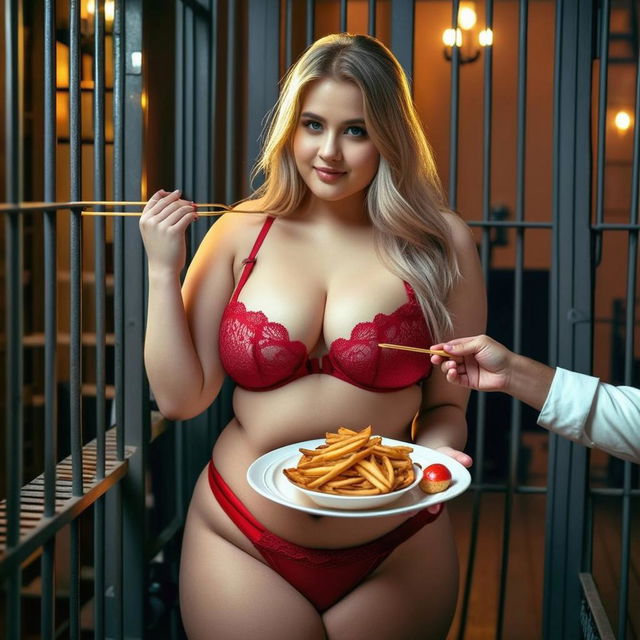 A playful pregnant woman in stunning red lace lingerie, holding a plate of fries in one hand while standing in a dimly lit, stylized jail cell