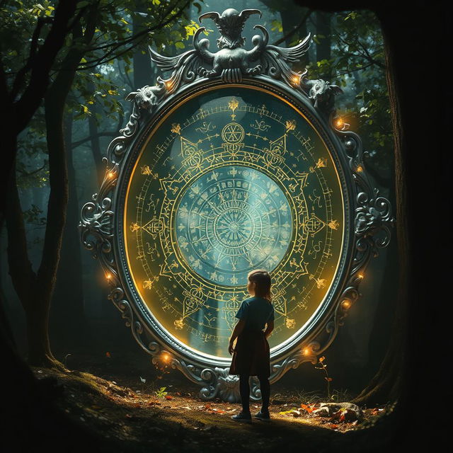 A mystical mirror that shimmers with an ethereal glow, displaying intricate patterns and symbols on its surface