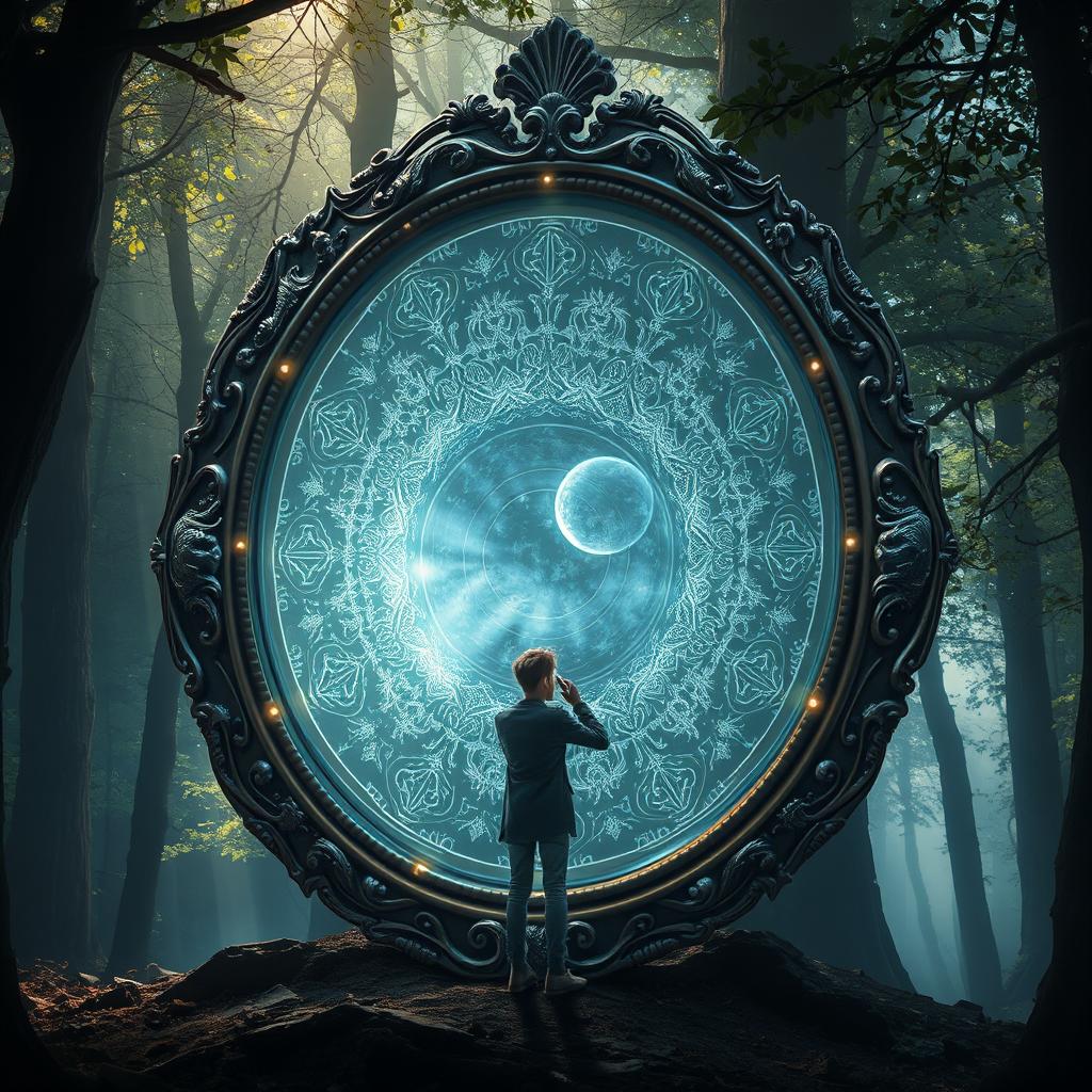 A mystical mirror that shimmers with an ethereal glow, displaying intricate patterns and symbols on its surface