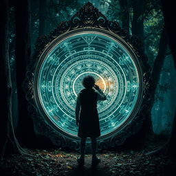 A mystical mirror that shimmers with an ethereal glow, displaying intricate patterns and symbols on its surface