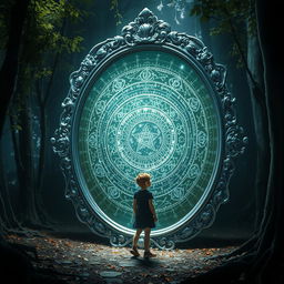 A mystical mirror that shimmers with an ethereal glow, displaying intricate patterns and symbols on its surface