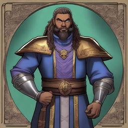 An image of Sir Aldric, designed in the style of a Dungeons & Dragons character card, with a touch of Yu-Gi-Oh artistry